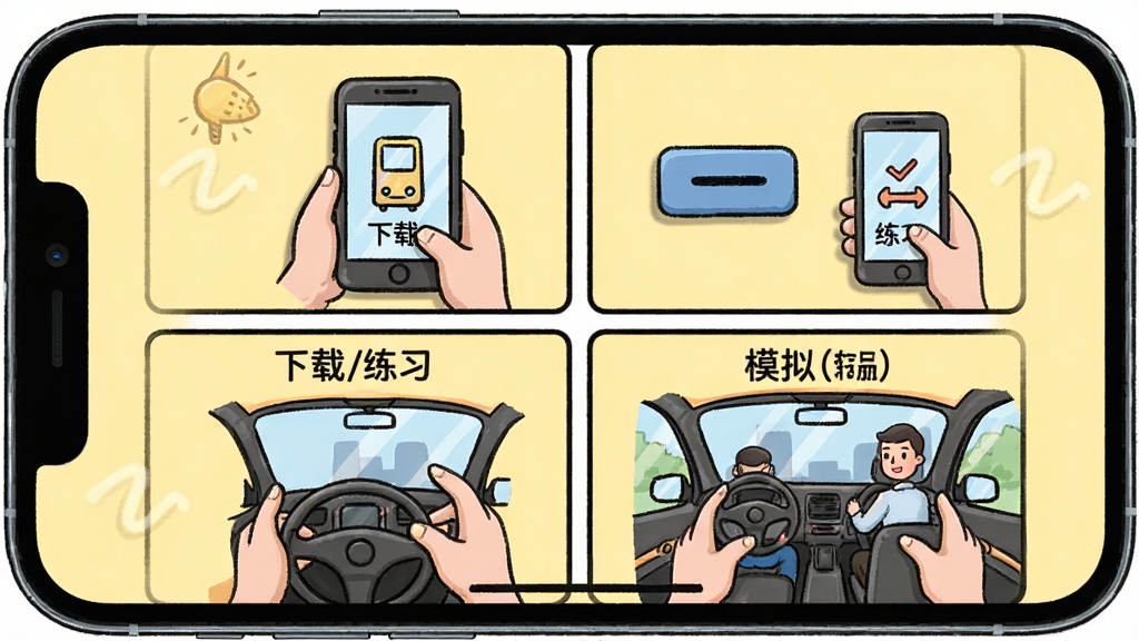 手机横屏展示驾校一点通使用指南步骤图,画面分为四格漫画风格,每格有简单图标和文字说明“下载-注册-练习-模拟”,背景为浅黄色,排版清晰,风格卡通,细节丰富,画质干净