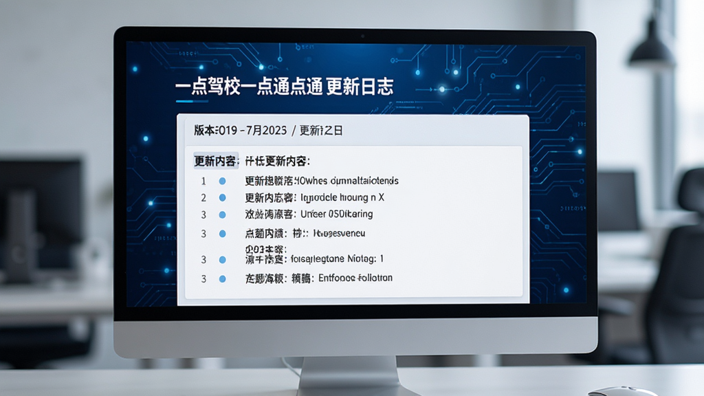 电脑屏幕显示驾校一点通更新日志页面,有版本号、更新日期、更新内容列表,背景为深蓝色科技感风格,文字清晰,排版专业,画质高清,干净无多余元素