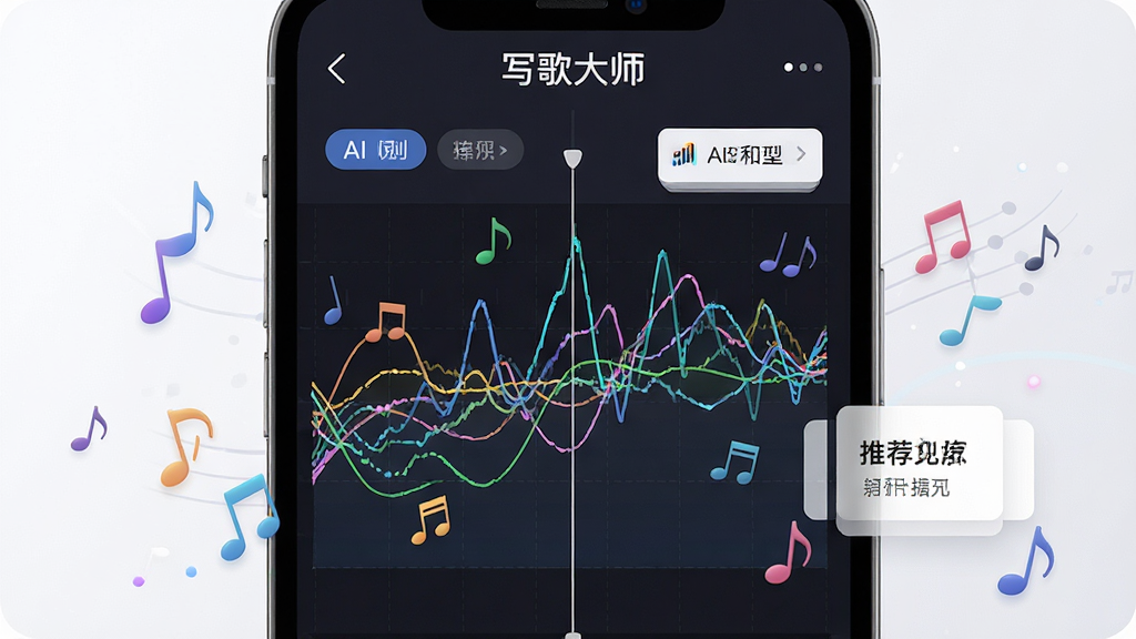 写歌大师App智能旋律生成界面特写,主体是手机屏幕上的波形编辑页面,页面中有多条彩色旋律线条正在自动绘制,周围有音符悬浮,布局以手机界面为中心,排版清晰,风格简洁现代,细节包括AI识别标签和推荐和弦卡片,画质高清、干净、无多余元素,屏幕上方显示“写歌大师”字样