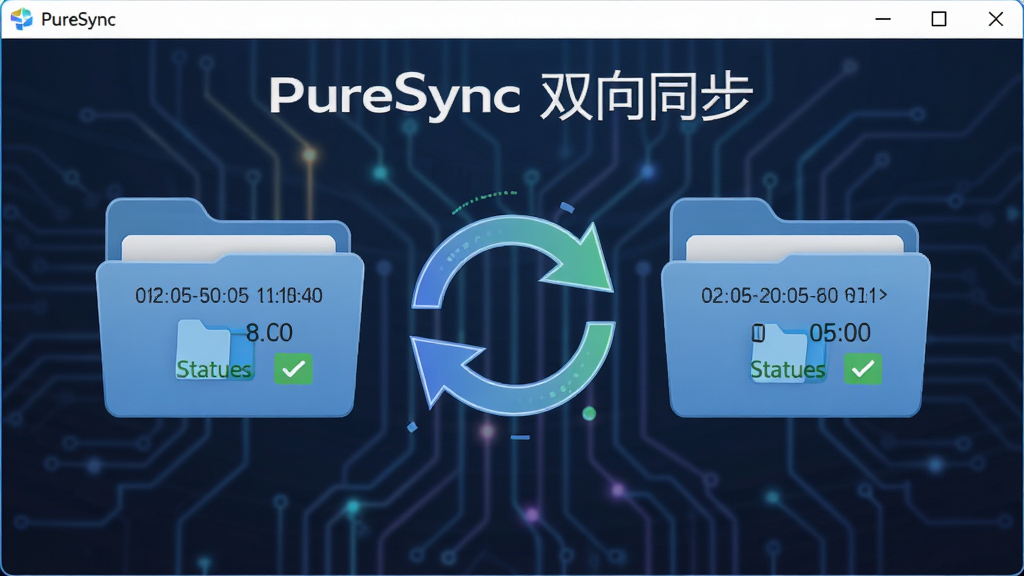 主体为PureSync软件界面中的双向同步示意图,布局为左右两个文件夹图标中间有箭头循环,排版简洁明了,风格为科技感插画,细节包含时间戳与文件状态标记,画质高清干净,无多余元素,图片中文字标注“PureSync 双向同步”