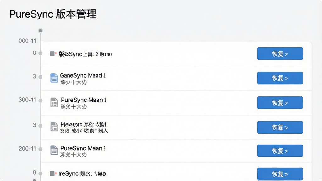 主体为PureSync版本历史记录界面,布局为时间轴排列的文件版本列表,排版清晰直观,风格为简洁的列表视图,细节包含版本大小与恢复按钮,画质高清干净,无多余元素,界面顶部标注“PureSync 版本管理”