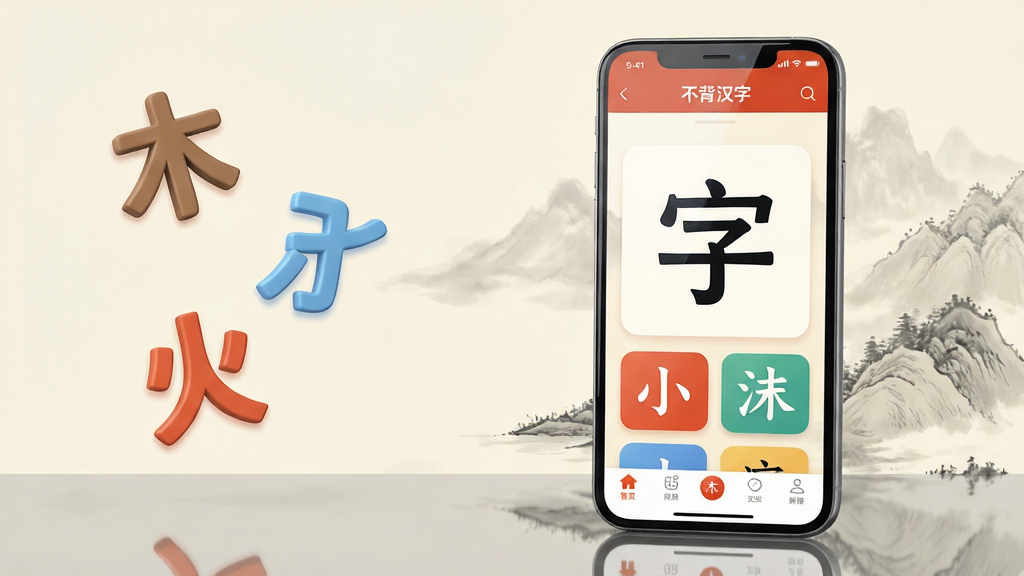 主体:不背汉字APP的界面展示,一部智能手机屏幕占据画面中心,屏幕内显示“不背汉字”学习主界面,包含一个巨大的汉字“字”与多个彩色部首卡片。布局:手机位于画面中央偏右,左侧留白处漂浮着“木”、“氵”、“火”等偏旁部首的3D立体图形,整体构图平衡。排版:界面UI设计简洁现代,采用卡片式布局,字卡信息层级分明,标题栏与底部导航栏清晰可见。风格:扁平化结合轻微拟物质感,色彩明快,以米白色为背景色,搭配朱红色与藏青色点缀,整体风格清新文艺。细节:手机屏幕反射出柔和光线,背景中有淡淡的水墨山水画纹理,桌面倒影清晰,画质细腻。画质:8K超高清渲染,光影自然,干净无多余元素。