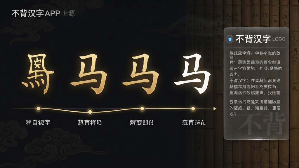 主体:不背汉字APP的字源演变教学界面,画面中央展示一个“马”字的演变过程,从甲骨文到楷书共五个阶段。布局:五个阶段的字形以时间轴形式从左至右横向排列,每个字形下方配有简短的释义文字,右侧有一个半透明的信息面板展示详细解释。排版:界面采用深色背景衬托金色字形,时间轴线条流畅,文字说明采用白色无衬线字体,排布整齐清晰。风格:中国风与现代科技感结合,背景有若隐若现的古代竹简纹理,整体色调古朴典雅。细节:每个字形边缘有细腻的微光效果,信息面板上有“不背汉字”的LOGO水印。画质:高分辨率渲染,细节丰富,画面干净。