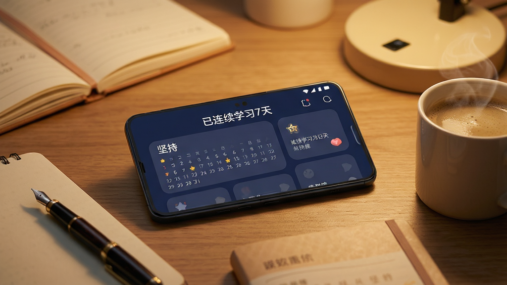 主体:一部华为手机横屏显示不背汉字APP的夜间模式界面,界面显示“已连续学习7天”的鼓励标语。布局:手机斜放在木质桌面上,周围散落着几本笔记本和一支钢笔,画面右侧有一杯冒着热气的咖啡。排版:手机屏幕内界面以深蓝色为基调,学习数据卡片以圆角矩形排列,强调“坚持”主题。风格:温馨的生活化场景,暖色调台灯光源,背景虚化处理,营造安静的学习氛围。细节:手机屏幕上的日历标记连续打卡记录,有星星奖励图标。画质:写实摄影风格,高光与阴影过渡自然,画面干净无杂乱元素。