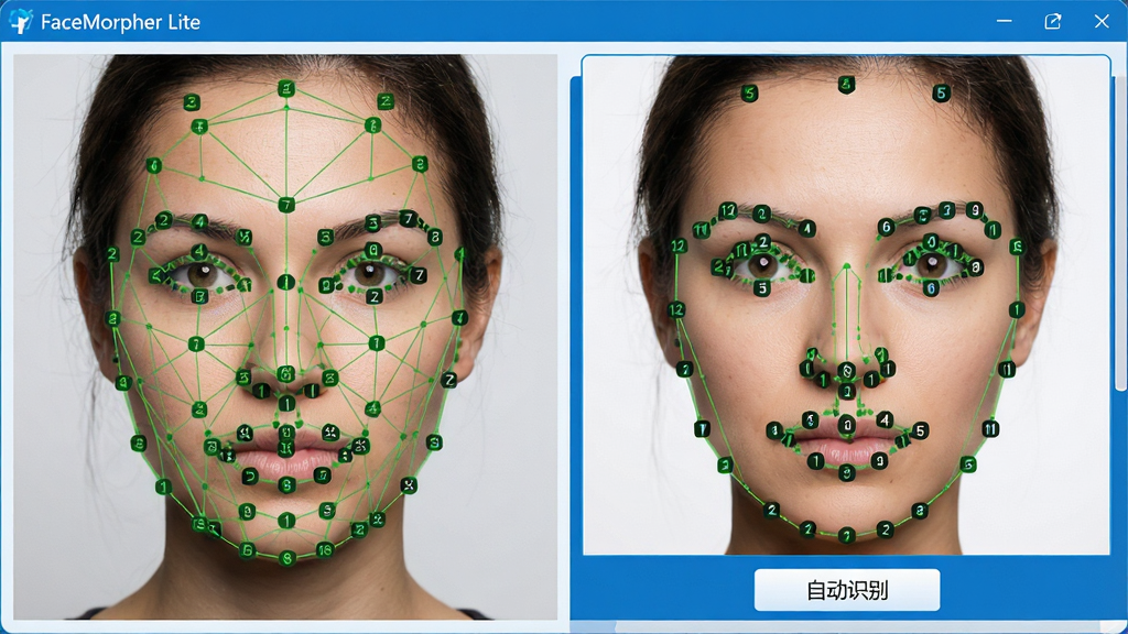 主体:软件界面中一张人脸照片,面部显示68个绿色关键点标记,连接成网格。布局:左侧为原始照片,右侧为识别后的特征点分布图。排版:特征点以数字标注,下方有“自动识别”按钮。风格:科技感蓝白配色,界面清爽。细节:关键点精确落在五官边缘,软件名称“FaceMorpher Lite”显示在左上角。画质:高清晰度,细节丰富,干净无多余元素。