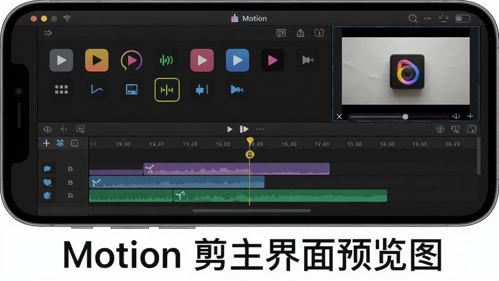 一张展示Motion软件在智能手机上运行的主界面截图,主体是时间线编辑区域与预览窗口,布局清晰,排版直观,整体风格现代简约,细节展现多个色彩鲜艳的功能图标,画质高清干净,无多余元素,图片下方配文「Motion」剪辑主界面预览图