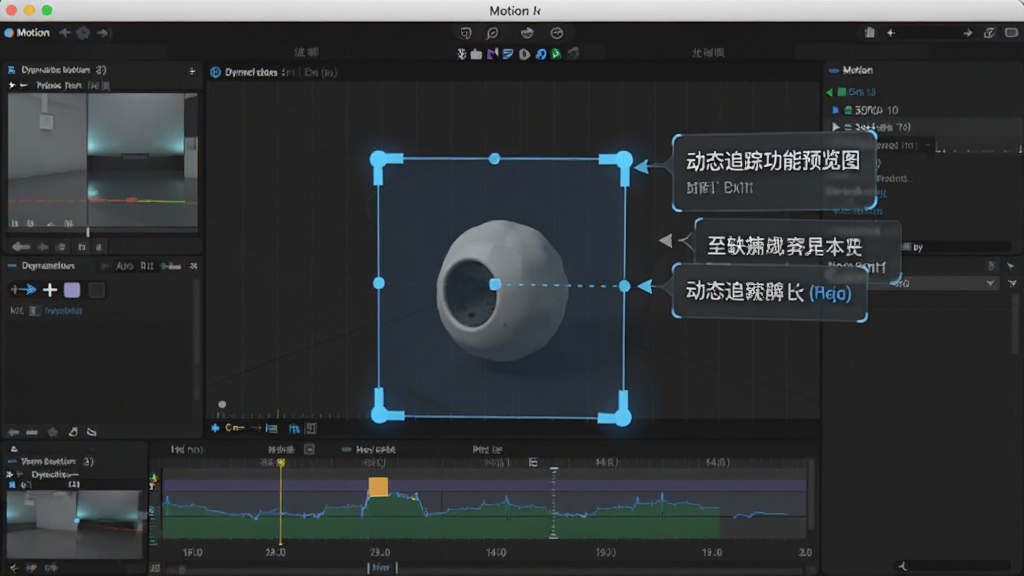 主体为Motion软件操作界面,布局展示动态追踪功能的使用过程,画面中心有一个移动的物体被追踪框锁定,旁边悬浮着可编辑的文字标签,排版整洁,风格科技感十足,细节体现追踪点的精准,画质清晰明亮,干净无多余元素,图片文字标注「Motion」动态追踪功能预览图