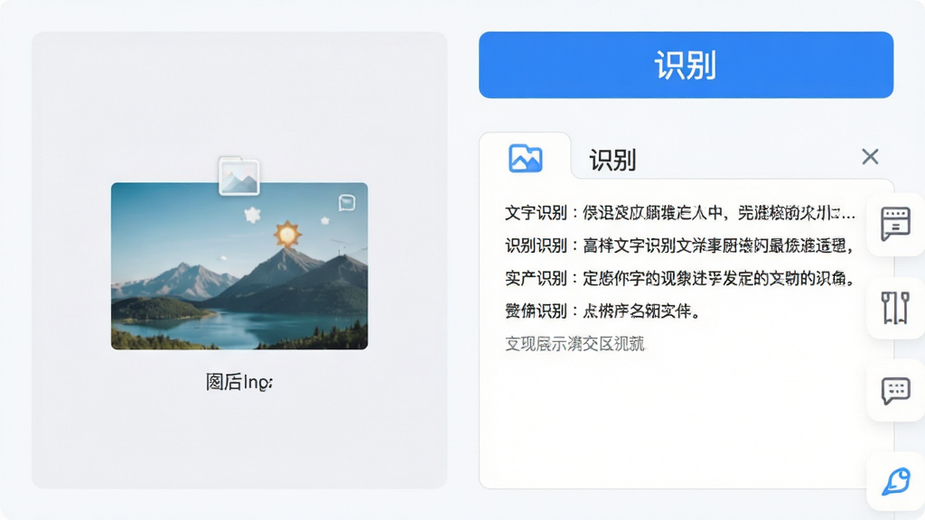扫描文字识别软件主界面预览图,界面布局清晰,左侧为图片导入区域,右侧为文字识别结果展示区,顶部有醒目的蓝色识别按钮,整体风格简约现代,浅色背景,图标精致,画质高清干净,无多余元素