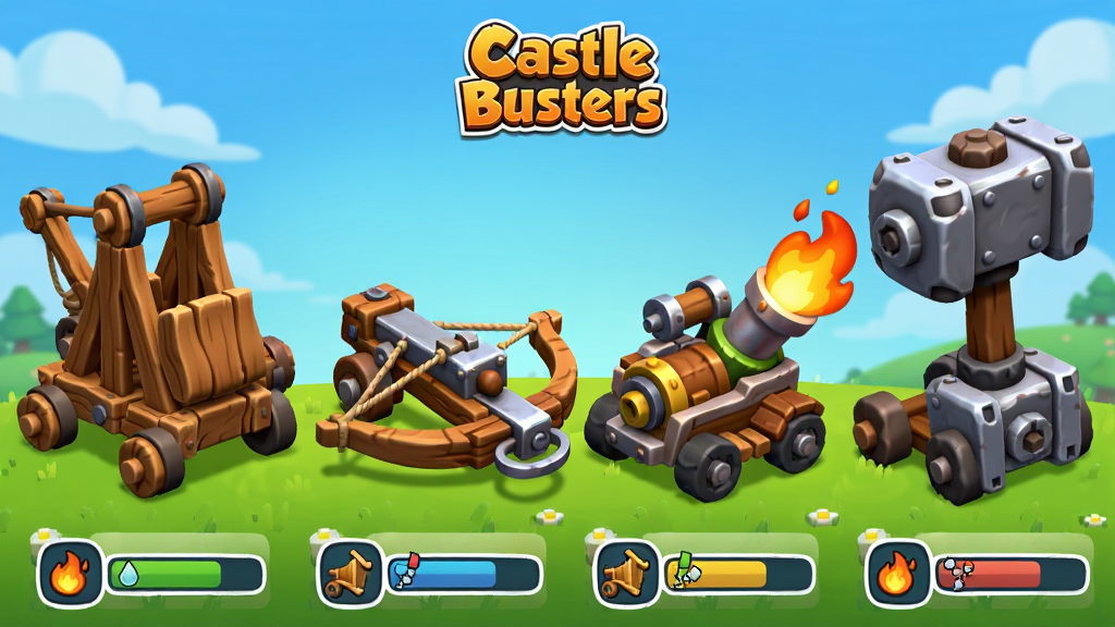 主体:《城堡粉碎者》(Castle Busters)游戏内器械展示图,展示多种卡通风格的攻城器械。布局:画面呈横向排列,从左到右依次是投石车、弩炮、火焰喷射车和巨型攻城锤,背景是蓝天与草地。排版:每辆器械下方配有简洁的图标与属性条,画面顶部中央有“Castle Busters”的小型Logo。风格:明亮卡通风,器械色彩鲜艳,边缘圆润。细节:投石车上的木纹、弩炮的弓弦、火焰车的火苗都清晰可见。画质:4K高清,画面干净无多余元素
