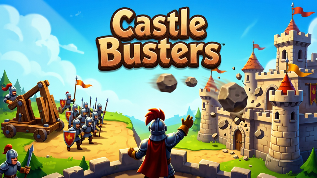 主体:《城堡粉碎者》(Castle Busters)游戏宣传图,展示中世纪攻城战场全景,一名指挥官站在前景高地挥手指挥。布局:左侧为玩家方投石车与士兵方阵,右侧为宏大城堡,中部为飞行的巨石。排版:画面中心偏上位置以艺术字体呈现游戏名称“Castle Busters”,醒目有质感。风格:美式卡通风格,色彩明亮鲜艳,光影对比强烈。细节:城堡塔楼、旗帜、士兵盔甲刻画精细,巨石砸中城墙有碎石飞溅效果。画质:高清渲染,画面干净无多余元素