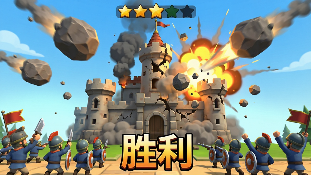 主体:《城堡粉碎者》(Castle Busters)游戏战斗场景,一座城堡正在被巨石击中崩塌。布局:画面中央是冒着硝烟的破损城堡,前景是玩家的部队,天空中有飞行的巨石。排版:画面底部中央有“胜利”两个艺术字,顶部显示关卡星级。风格:卡通渲染风格,爆炸特效绚丽。细节:碎石、烟尘、士兵欢呼的动态细节丰富。画质:高清晰度,视觉冲击力强,画面干净无多余元素