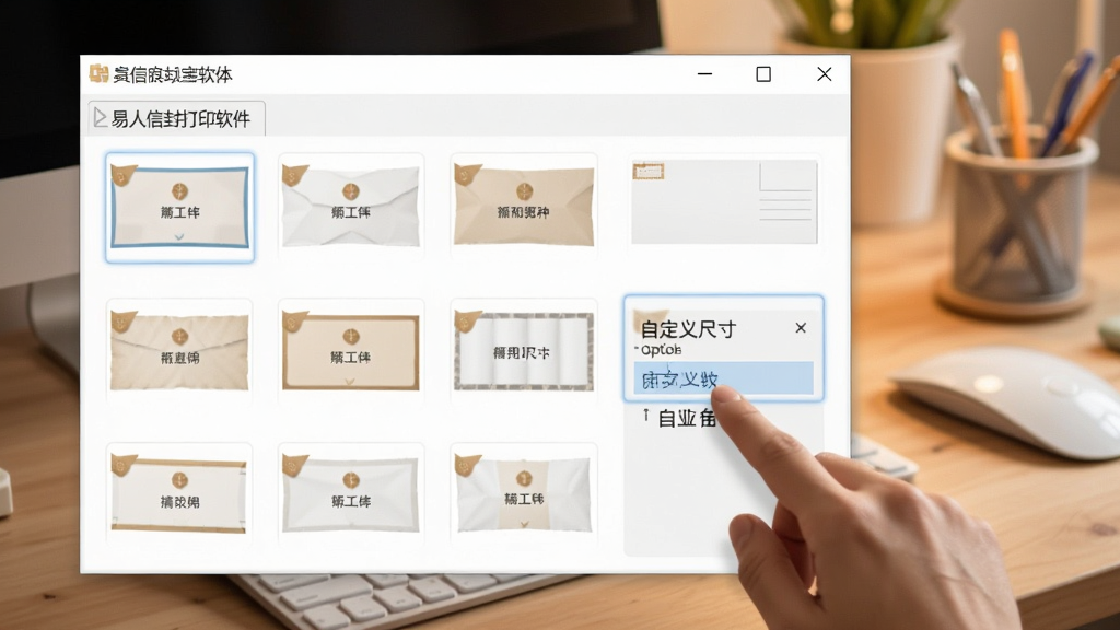 易人信封打印软件模板选择窗口,展示多种信封规格的缩略图,用户正在点击自定义尺寸选项,背景为柔和的工作台,色调温馨,界面清晰,细节到位,画质干净,无多余元素