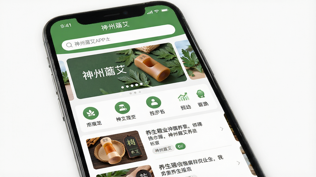 一张展示神州蕲艾APP整体界面的高清截图,主体为智能手机屏幕,屏幕内清晰显示“神州蕲艾”APP首页,布局包含顶部搜索栏、中部轮播图与功能图标、下方内容列表,风格简约清新,以艾草绿色为主色调,细节包括艾灸产品图片与养生文章标题,画质清晰干净,无多余元素