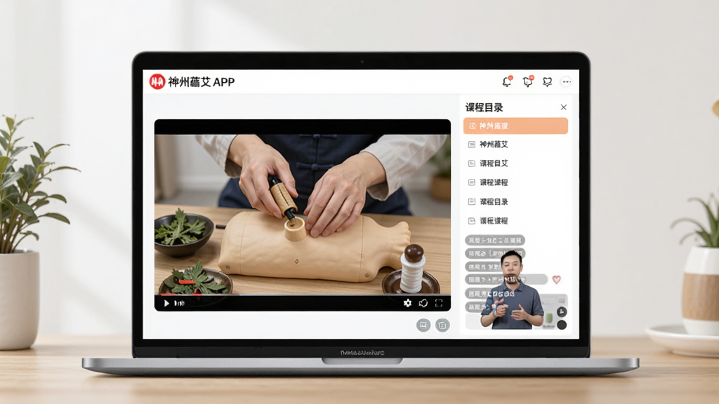 一张展示神州蕲艾APP线上课程页面的图片,主体为笔记本电脑,屏幕内播放着艾灸手法教学视频,布局为左侧视频播放区、右侧课程目录与讨论区,风格现代简洁,细节包含艾灸实操示范画面与讲师讲解弹幕,画质流畅清晰,干净无多余元素