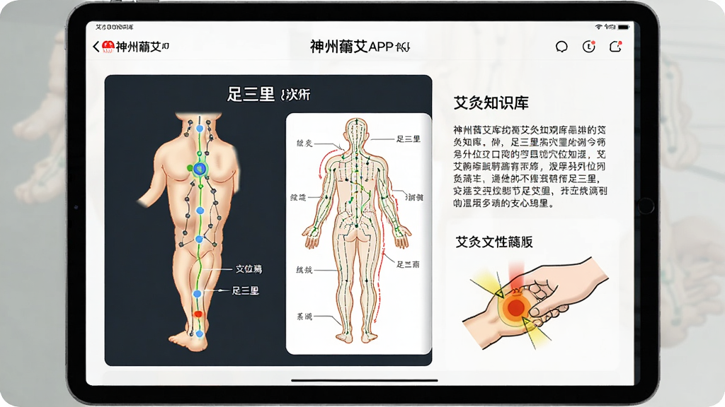一张展示神州蕲艾APP内艾灸知识库页面的图片,主体为平板电脑,屏幕中显示关于“足三里”穴位的图文详解,布局为左侧穴位图示、右侧文字说明,排版清晰,风格专业严谨,细节包含人体经络图与艾灸操作示意图,画质细腻,干净无多余元素