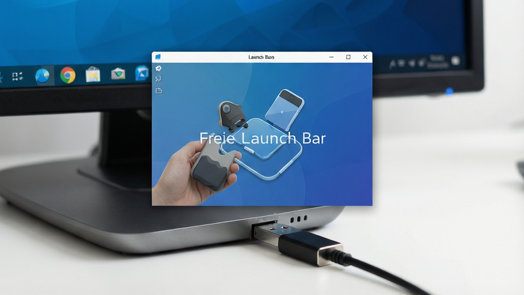 Free Launch Bar 便携版运行示意,U盘插入电脑,软件界面悬浮于桌面,背景为系统任务栏,简洁明了,干净无多余元素