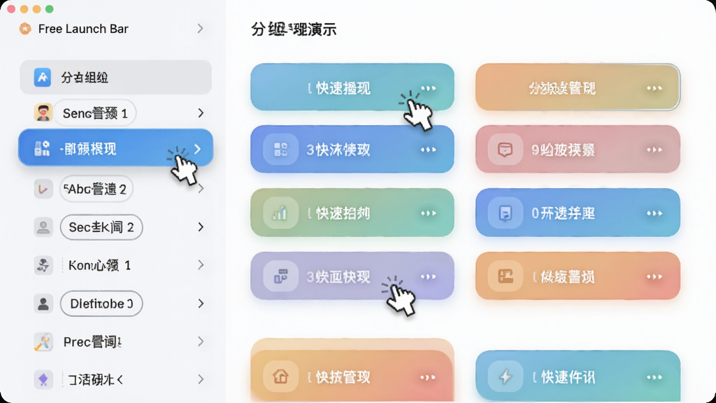 Free Launch Bar 分组管理功能演示,屏幕左侧显示分组列表,右侧展示不同分组下的快捷按钮,鼠标悬停高亮,界面层次分明,色彩柔和,干净无多余元素