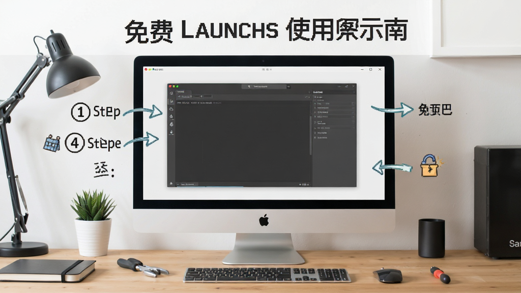 Free Launch Bar 使用指南示意图,电脑屏幕显示软件主界面,旁边有步骤编号标注,背景为工作台,风格简约,画质清晰,干净无多余元素