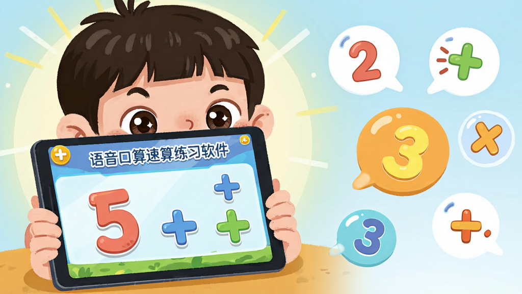 画面主体为一名面带微笑的可爱小学生正使用平板电脑学习,屏幕中显示色彩鲜艳的