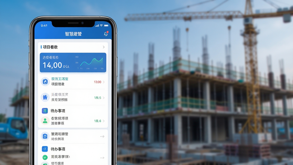 智慧建管app主界面预览图,展示项目列表、进度看板、待办事项等核心功能模块,整体风格简洁现代,蓝色科技色调,背景为建筑工地模糊虚化,前景为手机界面清晰展示,布局合理,排版整齐,UI设计精致,画质高清干净,无多余元素