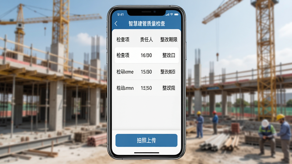 智慧建管质量检查功能,手机界面显示检查列表,包含检查项、责任人、整改期限,底部有拍照上传按钮,背景为施工现场,界面清晰,操作按钮醒目,画质高清,无多余元素