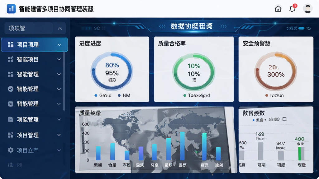 智慧建管多项目协同管理界面,左侧项目列表,右侧数据仪表盘,展示进度百分比、质量合格率、安全预警数等,蓝色科技风格,仪表盘布局清晰,数据可视化图表,画质高清,干净无杂物