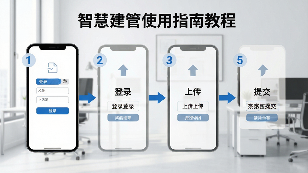智慧建管使用指南教程图片,展示手机操作步骤,包括登录、上传、提交等流程,背景为简洁办公环境,步骤序号清晰,画质高清,干净无多余元素