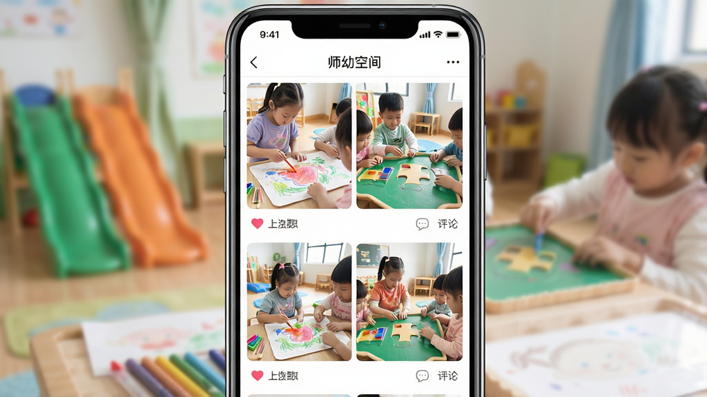 手机屏幕特写展示“师幼空间”APP内的班级相册页面,以瀑布流形式呈现孩子们在幼儿园画画、做游戏的抓拍照片。背景虚化处理,突出屏幕内容。布局为手机居中,界面UI清晰可见,风格清新活泼,细节包括照片下方的点赞和评论图标,画质细腻,干净,无多余元素。