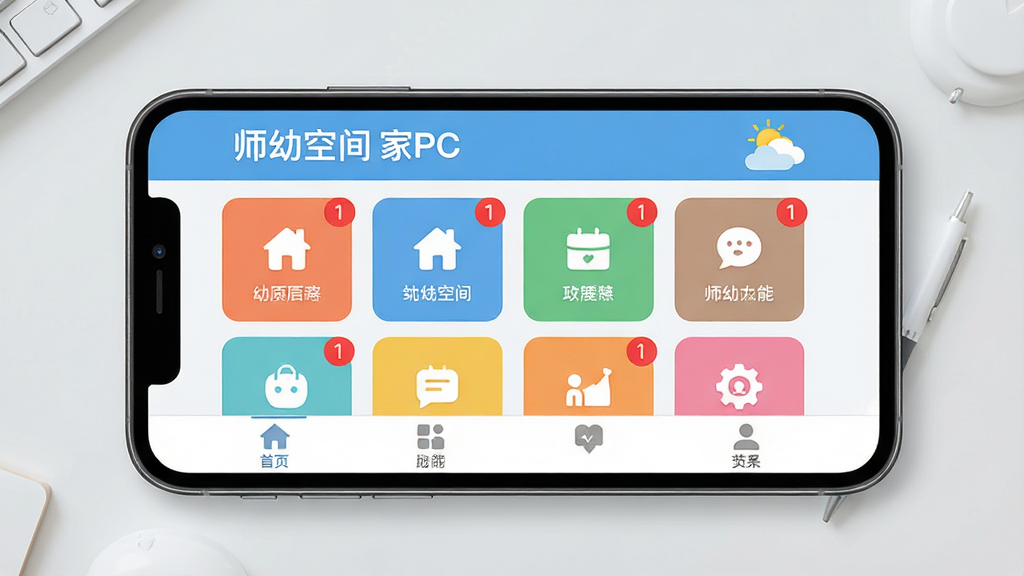 一张智能手机横屏界面展示“师幼空间”APP的家长端首页,顶部显示幼儿园名称和天气,中间是功能图标网格,底部为导航栏。背景为简洁的浅灰色桌面。布局规整,风格扁平化设计,细节包括红色未读消息角标,画质高清,干净,无多余元素。