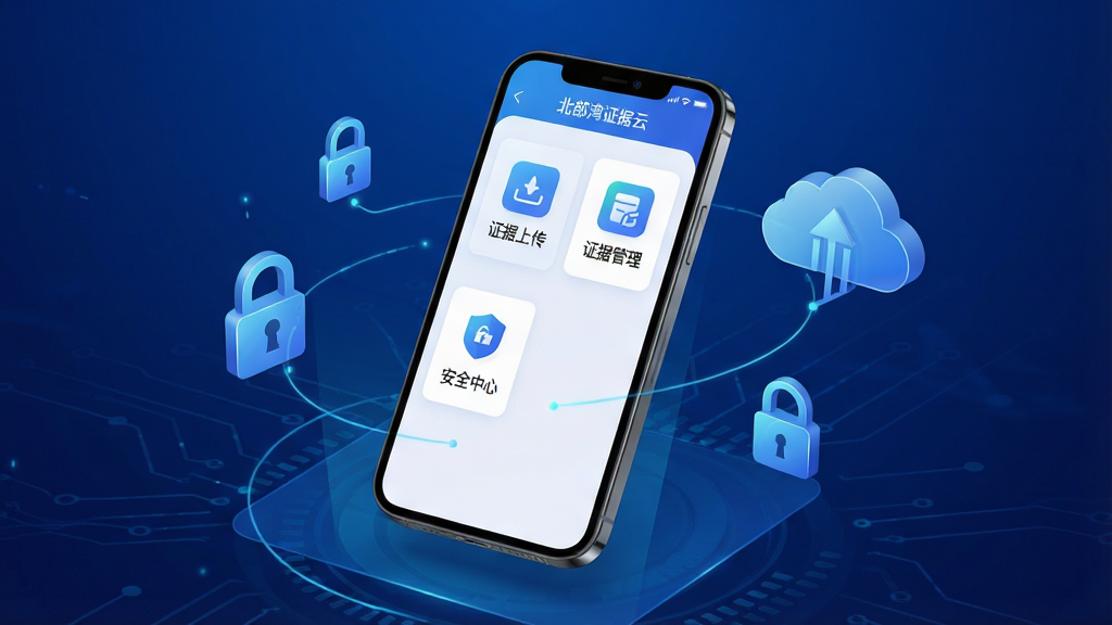 图片展示北部湾证据云主界面,背景为深蓝色科技感渐变,中央悬浮一部智能手机,屏幕显示软件主界面,包含“证据上传”“证据管理”“安全中心”等模块图标,界面设计简洁现代,图标线条清晰,周围环绕数据加密锁与云朵图形,整体风格专业、干净、明亮,画质高清,无多余元素
