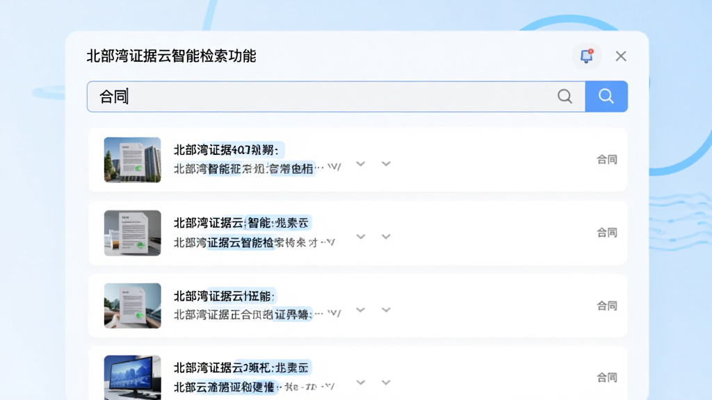 图片展示北部湾证据云智能检索功能,画面为软件搜索界面,搜索框内输入“合同”字样,下方显示搜索结果列表,每项结果附带文件缩略图与匹配关键词高亮显示,背景为白色与浅蓝渐变,界面干净清爽,风格现代简约,画质高清,无多余元素