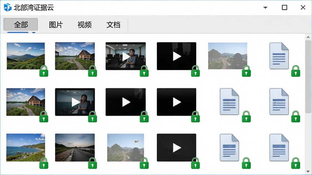 图片展示北部湾证据云多格式文件管理界面,画面中央为软件文件列表,列表中混排显示图片缩略图、视频播放图标、文档图标,每个文件右下角带有绿色加密锁小标,列表上方有“全部”“图片”“视频”“文档”分类标签,背景为浅灰色,界面清晰明亮,风格简洁实用,画质高清,无多余元素