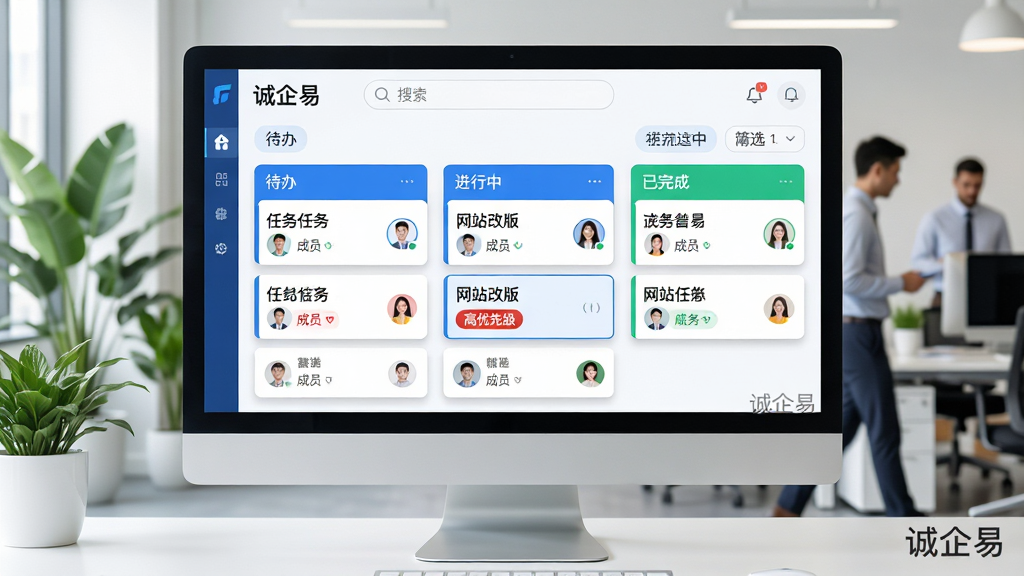 主体:电脑显示器显示“诚企易”任务看板界面,包含“待办”、“进行中”、“已完成”三列任务卡片。布局:显示器位于画面中央,背景是明亮的办公室,有绿植和人员走动。排版:三列卡片垂直排列,卡片上显示任务标题和成员头像,顶部有搜索栏和筛选标签。风格:现代科技感,蓝白配色,卡片有轻微阴影。细节:一张卡片上标有“网站改版”字样,任务标签为“高优先级”,底部有“诚企易”水印。画质:超清,色彩舒适,干净整洁。