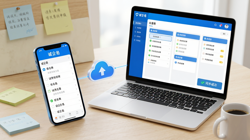 主体:智能手机与笔记本电脑同时显示“诚企易”应用界面,手机在左,电脑在右,屏幕内容为任务列表。布局:手机与电脑斜放于浅色木桌上,周围有便签纸和马克杯。排版:手机屏幕显示列表形式,电脑屏幕显示看板形式,两者通过云图标连接。风格:商务科技风格,蓝白主色调,环境明亮。细节:手机屏幕顶部有“诚企易”字样,电脑屏幕右下角有“同步成功”提示,画质清晰。画质:4K高清,干净整洁,无多余元素。
