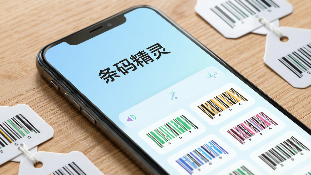 一张手机屏幕特写,屏幕中显示条码精灵主界面,上方为软件名称“条码精灵”字样,下方展示多个彩色条码示例,背景为简洁的浅蓝色渐变,手机斜放在木质桌面上,旁边散落着几张小商品标签,画面明亮清晰,产品质感细腻,整体风格现代简约,干净无多余元素