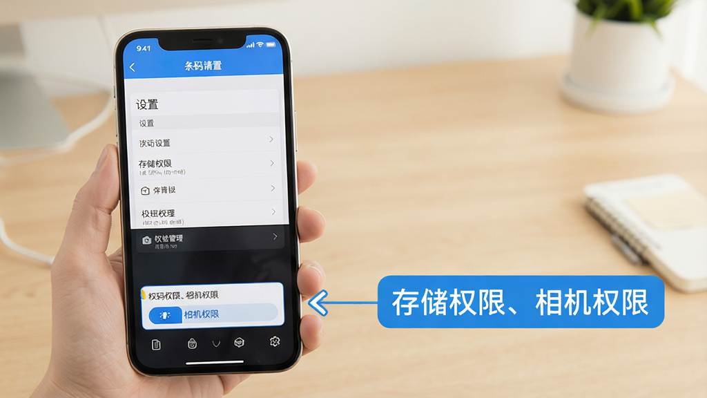 条码精灵手机操作教程示意图,手机屏幕显示设置界面,下方有权限管理选项,旁边有文字标注“存储权限、相机权限”,背景为简洁的桌面,画面带有教学风格,标注清晰,整体干净明亮,无多余元素
