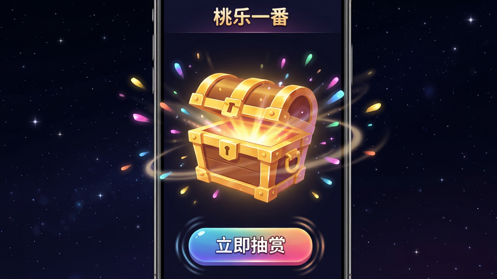主体为手机应用内的抽赏界面,屏幕中央是一个正在旋转开启的金色宝箱,周围迸发出彩色粒子光芒。布局为手机竖屏界面,顶部显示“桃乐一番”字样,底部是醒目的“立即抽赏”按钮。排版上,宝箱位于视觉中心,按钮采用渐变色并带有微动效。风格为二次元动漫画风,细节上绘制了流畅的抽赏过程特效与光晕。画质精美,背景为深色星空,无多余元素。