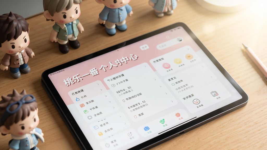 主体是一张温馨的桌面场景,桌面上摆放着一台平板电脑,屏幕显示“桃乐一番”的个人中心页面,旁边散落着几个可爱的潮玩手办。布局采用45度俯视视角,平板占据画面主要位置。排版上,在画面右上角有柔和的自然光晕。风格为写实摄影风,细节上突出平板屏幕内的功能列表与手办的质感。画质干净,无多余元素。