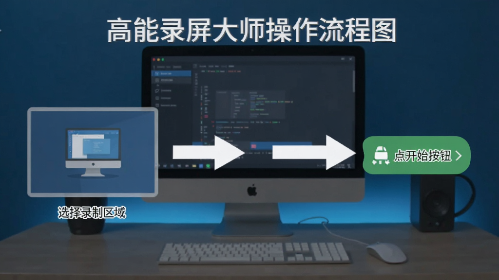 高能录屏大师操作流程图,展示从选择录制区域到点击开始按钮的步骤,箭头指示清晰,背景为简洁的电脑桌面,风格扁平化,画质干净