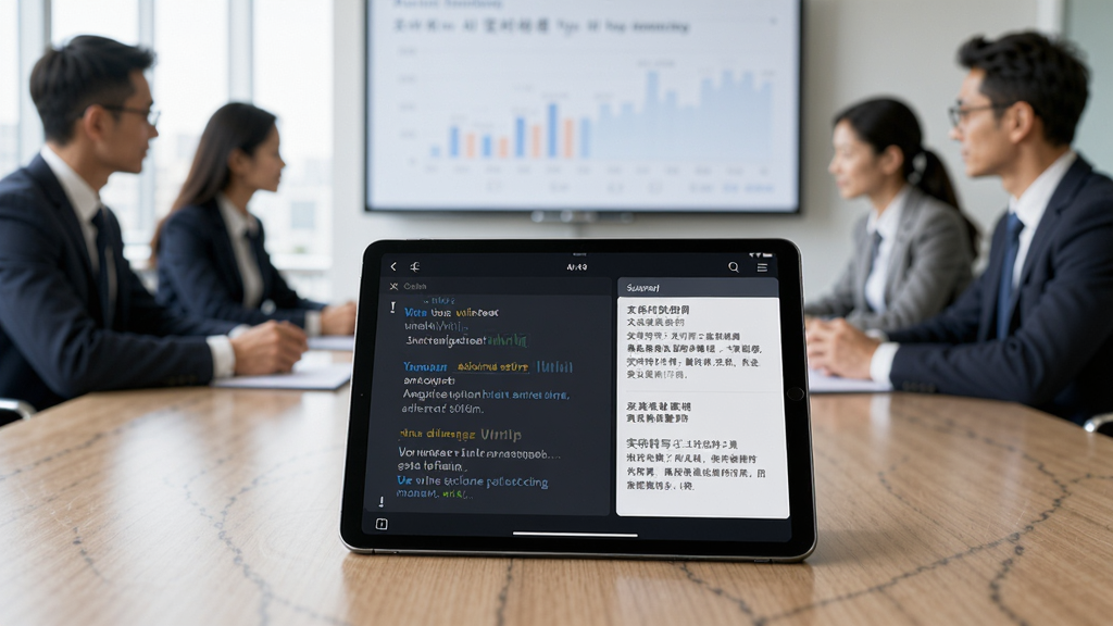 展示AI办公高效助手会议记录功能的场景,画面中有一个会议室,桌上放着一台平板电脑,屏幕上显示录音转写文本和摘要,背景有参会人员模糊身影,整体风格商务专业,突出实时转写与智能整理功能,画质清晰,无多余元素