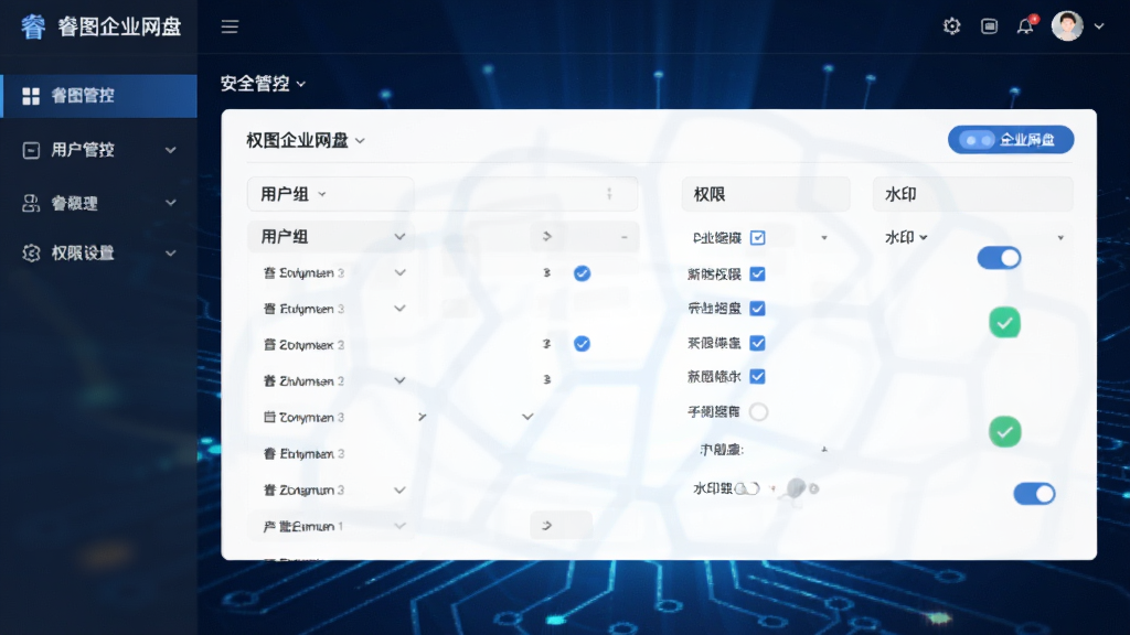 睿图企业网盘安全管控界面,显示权限设置面板,包括用户组列表、权限勾选选项、水印开关,背景为深蓝色科技感风格,界面清晰,画质细腻