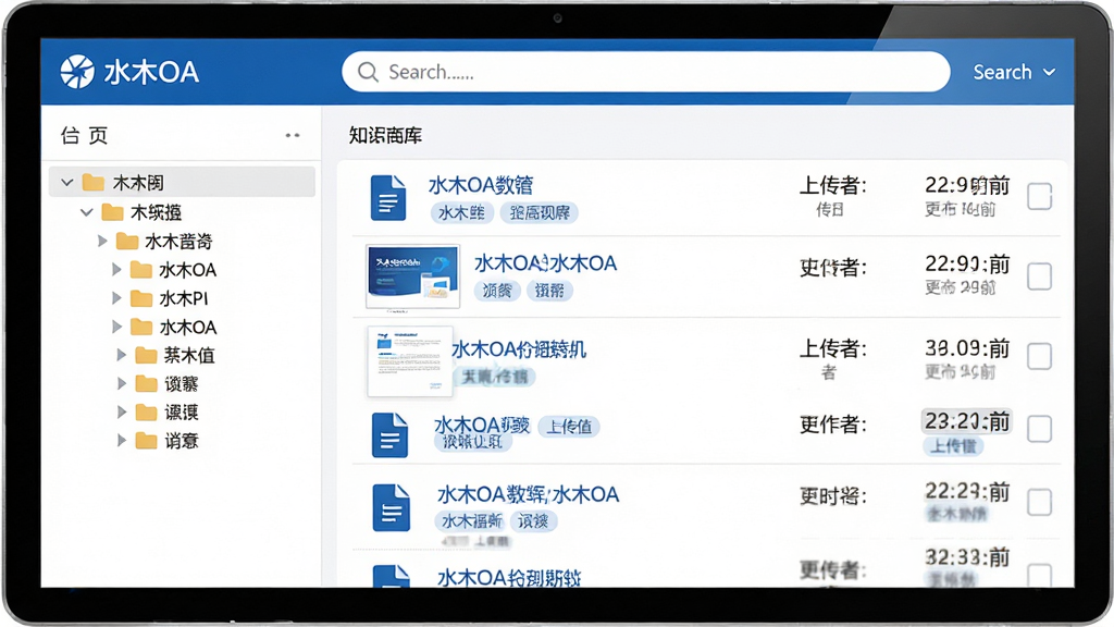 画面主体为“水木OA”软件的知识库界面,左侧为文件夹树状目录,右侧为文档列表,顶部为搜索栏。界面风格为简洁的Web应用设计,白色背景配蓝色主题色,文档图标清晰可辨。布局采用左右结构,列表项包含文件名、上传者和更新时间。细节包括文档预览缩略图、标签标记,画质为高清UI设计图,干净无多余元素。