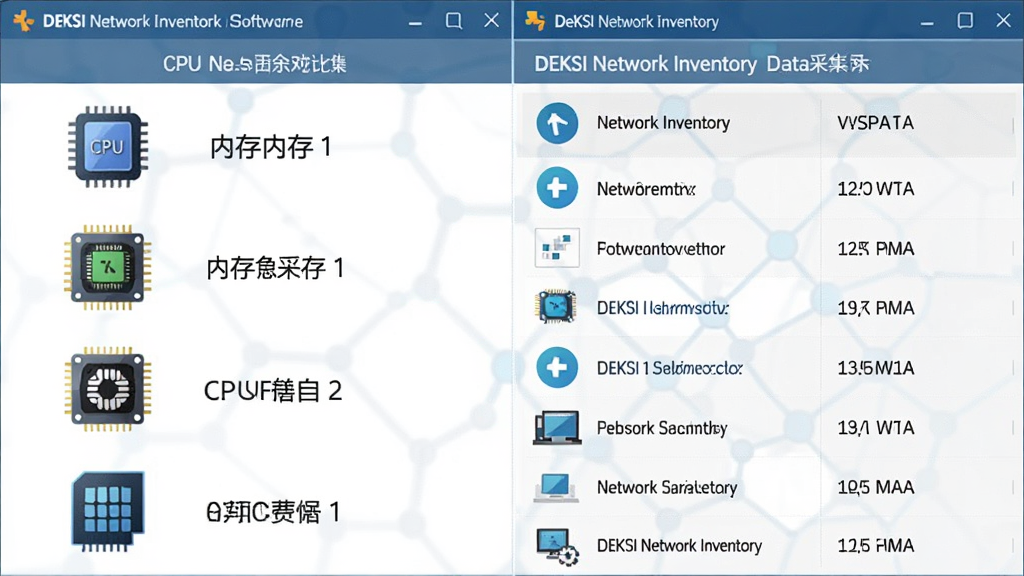 主体为电脑硬件与软件列表对比界面,左侧是CPU、内存等硬件图标,右侧是软件名称与版本号列表,布局左右对称,排版整齐,风格简洁商务,细节突出DEKSI Network Inventory数据采集界面,画质高清无杂物