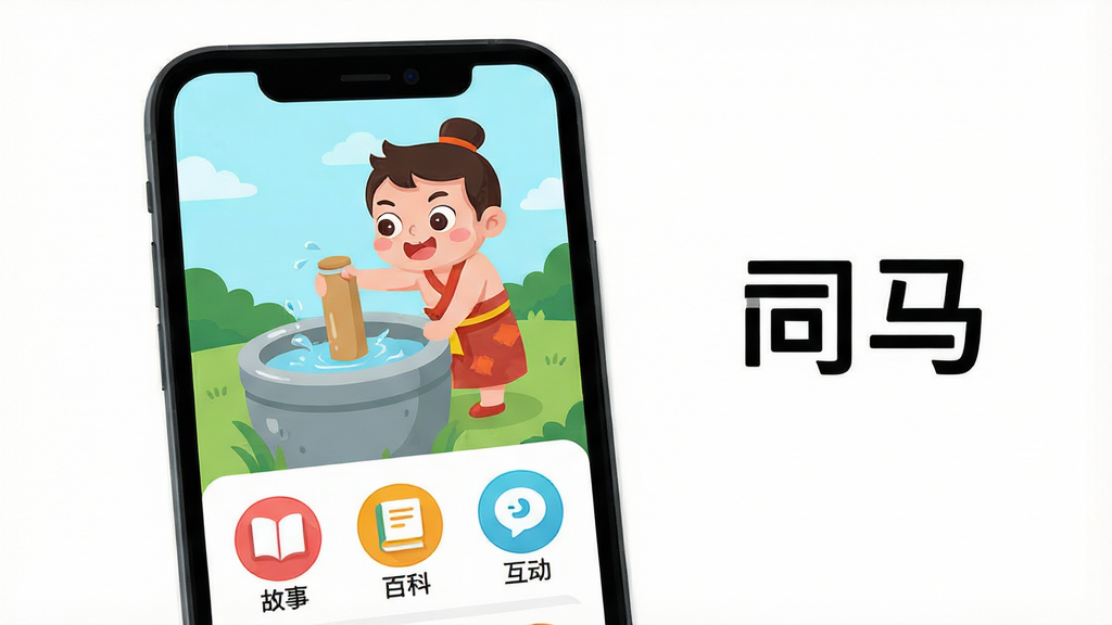 主体:手机屏幕展示司马应用界面,界面中央有卡通形象的司马光砸缸场景插画。布局:手机位于画面中心偏左,右侧留白放应用名称“司马”字样。排版:界面简洁,图标圆润,色彩明快。风格:扁平化插画风格,色彩鲜艳,适合儿童与亲子。细节:屏幕内展示“故事”、“百科”、“互动”三个功能模块图标。画质:高清,干净,无多余元素。