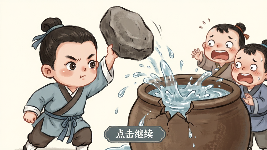 主体:动态插画场景,一个古装小孩司马光举起石头砸向水缸,水花四溅。布局:画面左方是司马光,右方是水缸和几个惊慌的小孩。排版:故事场景占据主画面,下方有“点击继续”按钮。风格:中国风手绘插画,色彩淡雅,略带Q版。细节:水缸破裂时溅出的水滴晶莹剔透,司马光表情坚定。画质:细腻,干净,无多余元素。