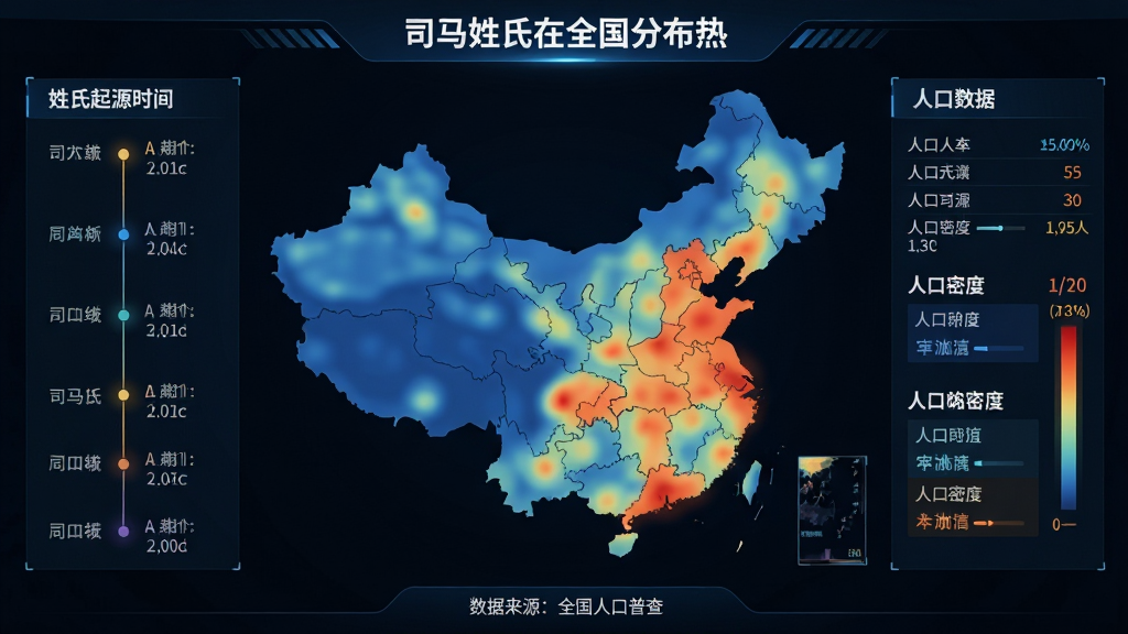 主体:数据可视化图表,展示司马姓氏在全国的分布热力图。布局:图表居中,左侧有姓氏起源时间轴,右侧显示人口数据。排版:信息层级分明,色彩渐变从蓝到红表示人口密度。风格:现代科技感,背景为深色,数据高亮。细节:图表下方标注“数据来源:全国人口普查”。画质:高分辨率,干净,无多余元素。