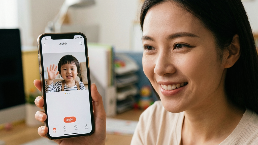 主体为一位年轻母亲在办公室使用手机远程看家监控APP与家中孩子进行双向语音通话的场景。布局采用画中画形式,主画面是母亲微笑的面部特写,小窗口是家中孩子对着摄像头挥手的画面。排版自然和谐。风格为写实生活摄影风格,色调温暖。细节上,母亲手机屏幕上清晰显示APP界面和“通话中”字样,画质柔和干净无多余元素。