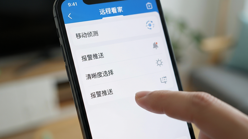 主体为一部手机特写,屏幕显示手机远程看家监控APP的设置界面。布局居中构图,界面清晰展示“移动侦测”、“报警推送”、“清晰度选择”等菜单项。排版简洁直观。风格为干净的UI截图风格。细节上,手指正点击“报警推送”选项,画质清晰,背景虚化,整体干净无多余元素。
