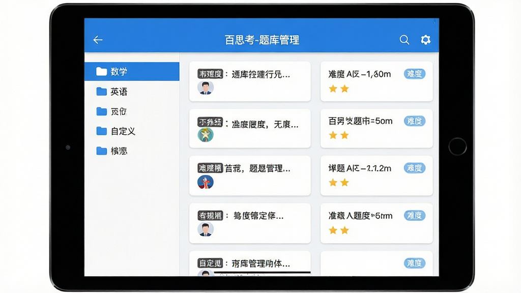 主体:百思考APP的题库管理界面,左侧为分类文件夹列表,右侧为题目列表。布局:平板或手机横屏展示,左侧栏显示“数学”、“英语”、“自定义”等文件夹,右侧显示题目摘要。排版:清晰的分栏布局,列表项整齐。风格:商务简洁,蓝白配色。细节:屏幕上方显示“百思考-题库管理”字样,题目卡片带有难度标签。画质:高清晰度,干净,无多余元素。
