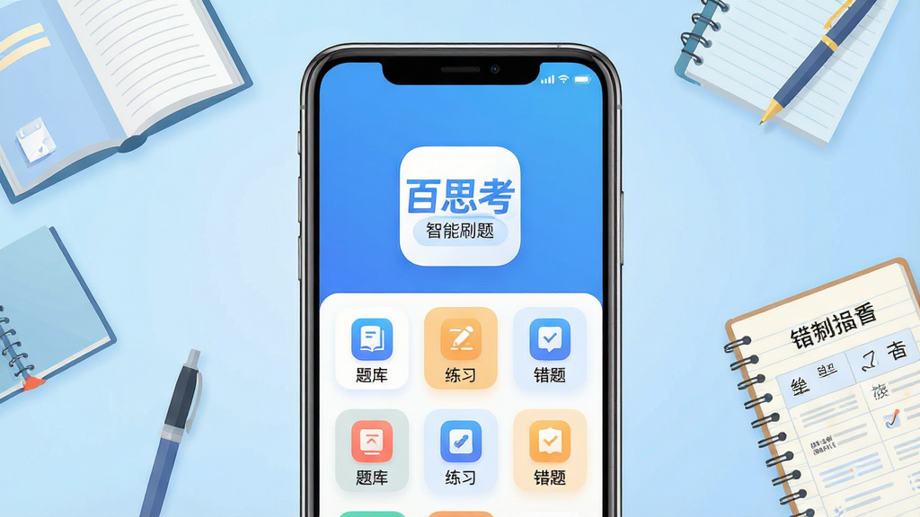 主体:百思考APP的启动界面或主界面展示,手机屏幕中清晰显示“百思考”字样及刷题功能模块。布局:手机居中,背景为浅蓝色渐变,周围有书本、笔、错题本等学习元素点缀。排版:界面截图风格,功能图标整齐排列,突出“题库”、“练习”、“错题”等标签。风格:现代扁平化,色彩明快,干净简洁。细节:屏幕中展示“百思考”logo,下方有“智能刷题”字样。画质:高清渲染,干净,无多余元素。